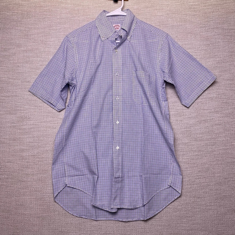 70s Brooks Brothers Shirt 14.5 Mens S/S 6 Button Down Blue Graph Check VGUC - Picture 2 of 9